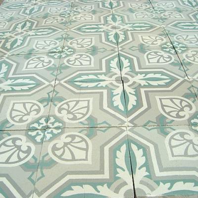 c.1905 large French ceramic encaustic tile floor in grey and mint green