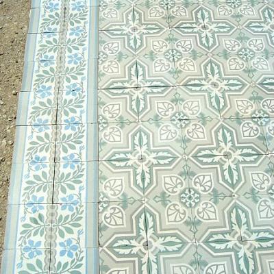 c.1905 large French ceramic encaustic tile floor in grey and mint green