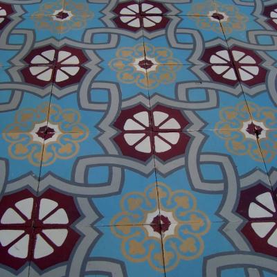9.7m2 - Blue and Burgundy antique French ceramic floor c.1930