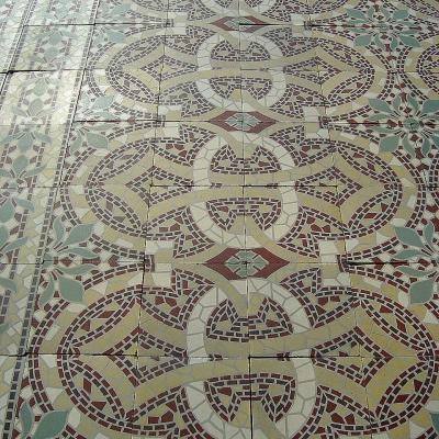 Large ornate mosaic themed ceramic encaustic floor with four borders