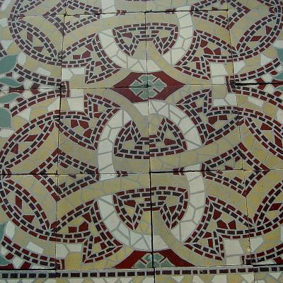 Large ornate mosaic themed ceramic encaustic floor with four borders