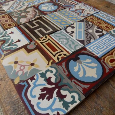 Patwork of antique French and Belgian ceramic tiles 